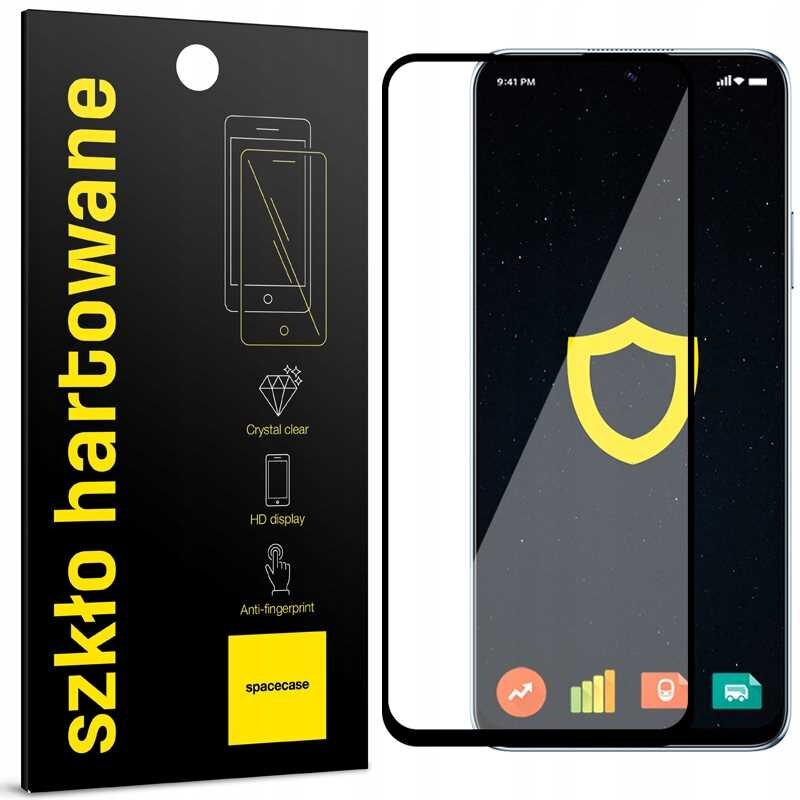 Opakowanie szkła hartowanego z napisem \'szkło hartowane\' oraz grafiką telefonu. Obok znajduje się telefon z nałożonym szkłem, na ekranie widoczna jest ikona tarczy.