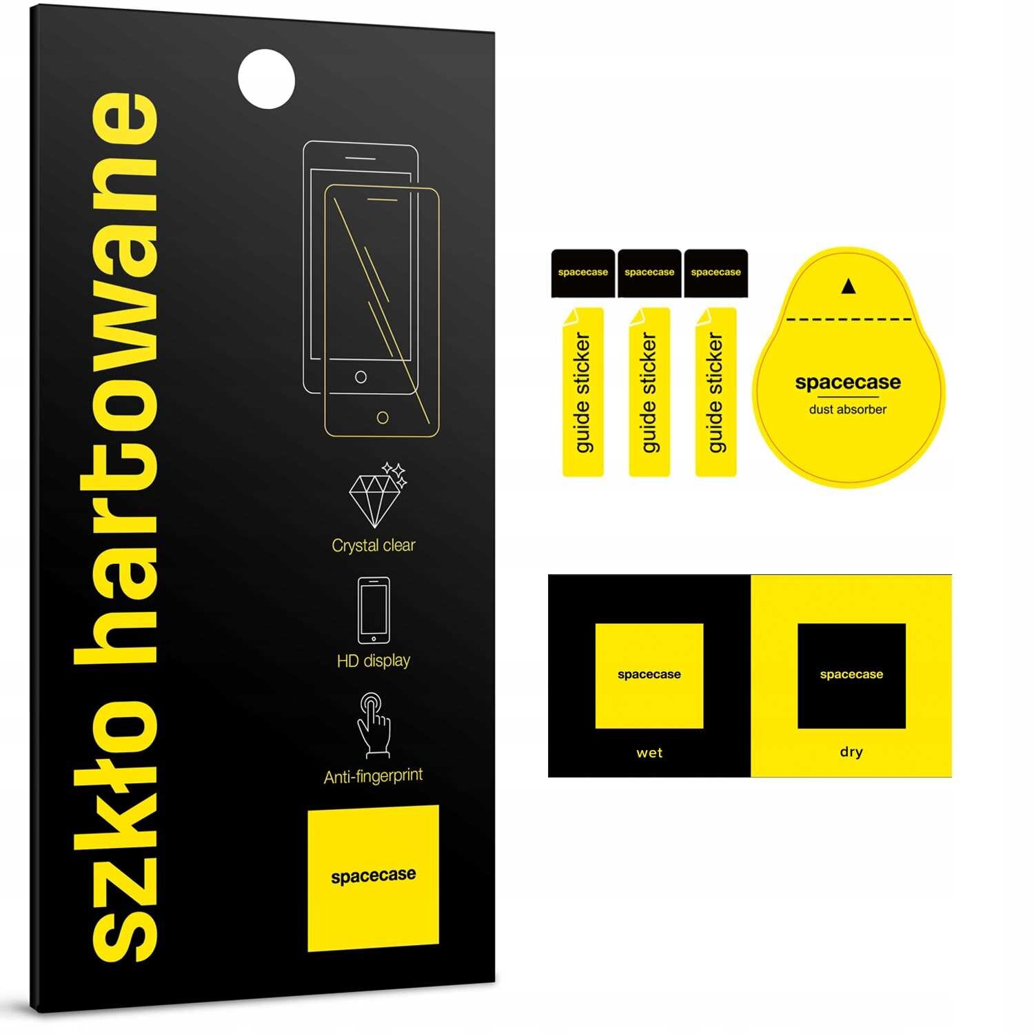 Opakowanie szkła hartowanego SPACECASE z napisem \'szkło hartowane\' oraz ikonami i tekstami: \'Crystal clear\', \'HD display\', \'Anti-fingerprint\'. Obok znajdują się naklejki \'guide sticker\', \'dust absorber\' oraz ściereczki \'wet\' i \'dry\' z logo spacecase.