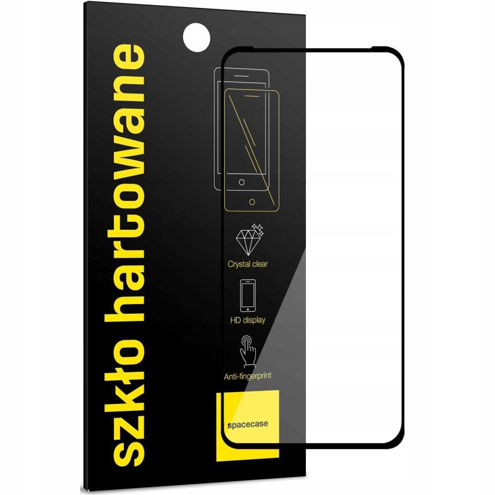 Opakowanie szkła hartowanego z napisem \'szkło hartowane\' oraz grafiką telefonu. Widoczne ikony z opisami: \'Crystal clear\', \'HD display\', \'Anti-fingerprint\' i logo \'spacecase\'.