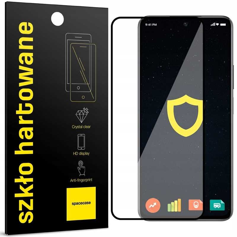 Opakowanie szkła hartowanego SPACECASE Glass 5D z napisem \'szkło hartowane\' oraz grafiką telefonu. Obok znajduje się telefon z nałożonym szkłem, na ekranie widoczna jest ikona tarczy.
