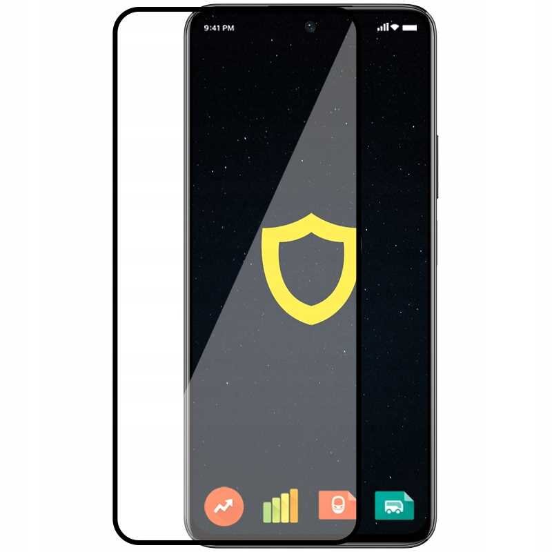 Obraz przedstawia telefon z nałożonym szkłem hartowanym, na ekranie widoczna jest żółta ikona tarczy. Na dole ekranu znajdują się kolorowe ikony aplikacji.