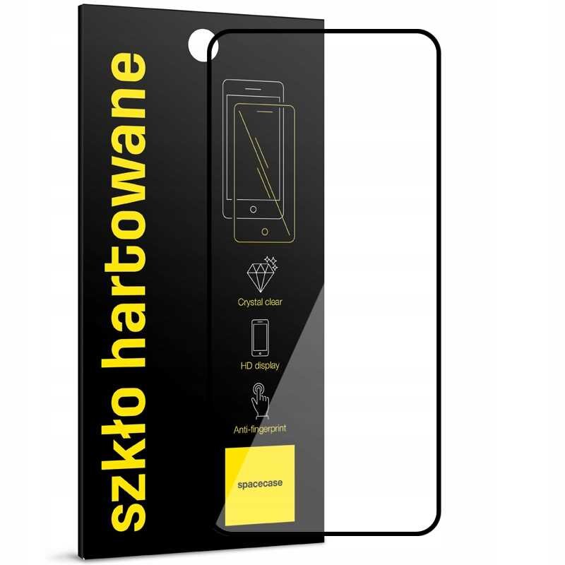 Opakowanie szkła hartowanego z napisem \'szkło hartowane\' oraz grafiką telefonu. Widoczne są ikony z opisami: \'Crystal clear\', \'HD display\', \'Anti-fingerprint\' i logo \'spacecase\'.