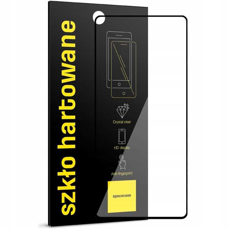Opakowanie szkła hartowanego z napisem \'szkło hartowane\' w kolorze żółtym na czarnym tle. Widoczne są ikony z opisami: \'Crystal clear\', \'HD display\', \'Anti-fingerprint\' oraz logo \'spacecase\'.