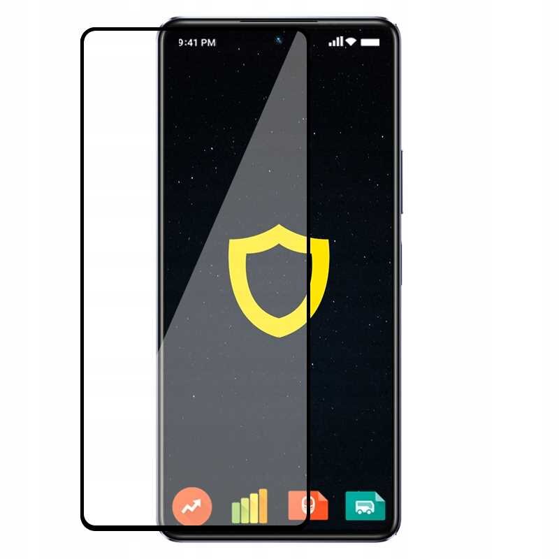 Na obrazie widoczny jest smartfon z nałożonym szkłem hartowanym, na ekranie którego znajduje się żółta ikona tarczy. W górnym rogu ekranu widoczna jest godzina 9:41 oraz ikony zasięgu i baterii.
