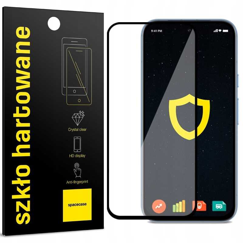 Opakowanie szkła hartowanego z napisem \'szkło hartowane\' oraz grafiką telefonu. Obok znajduje się telefon z nałożonym szkłem ochronnym, na ekranie widoczna jest ikona tarczy.