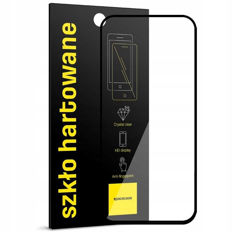 Opakowanie szkła hartowanego z napisem \'szkło hartowane\' w kolorze żółtym na czarnym tle. Widoczne są ikony z opisami: \'Crystal clear\', \'HD display\', \'Anti-fingerprint\' oraz logo \'spacecase\'.