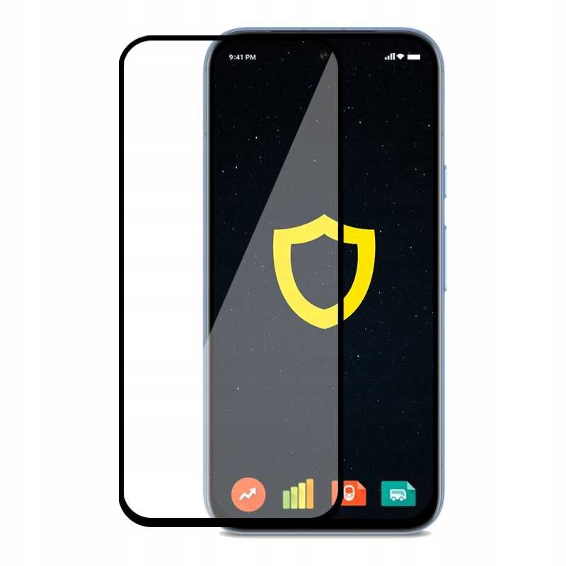 Obraz przedstawia telefon z nałożonym szkłem hartowanym, na ekranie widoczna jest ikona żółtej tarczy. Na dole ekranu znajdują się kolorowe ikony aplikacji.