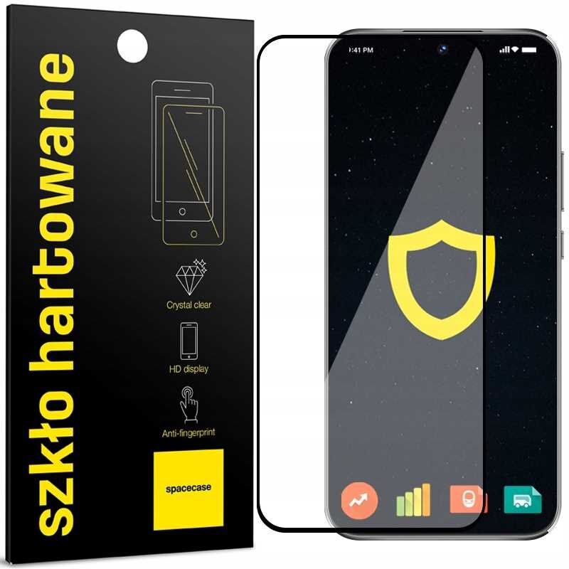 Opakowanie szkła hartowanego SPACECASE Glass 5D z napisem \'szkło hartowane\' oraz grafiką telefonu. Obok znajduje się telefon z nałożonym szkłem, na ekranie widoczna jest ikona tarczy.