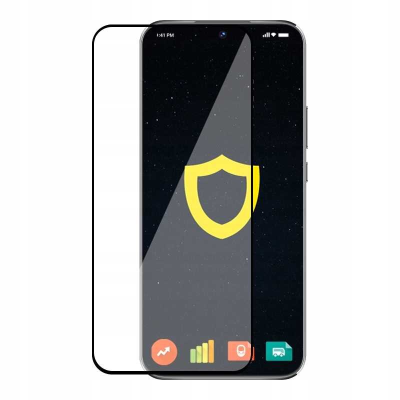 Obraz przedstawia telefon z nałożonym szkłem hartowanym, na ekranie widoczna jest ikona żółtej tarczy. Na dole ekranu znajdują się kolorowe ikony aplikacji.