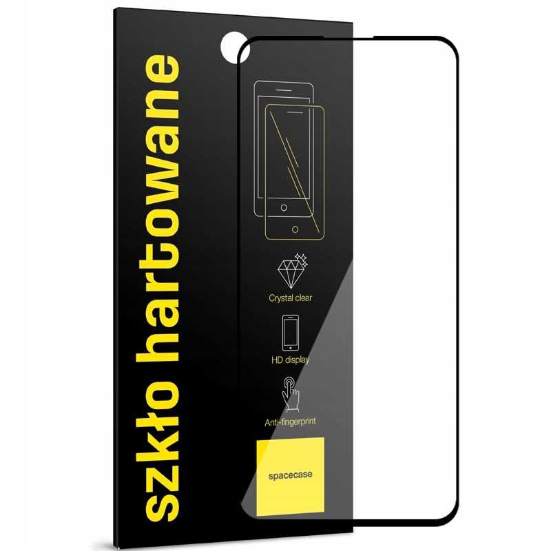 Opakowanie szkła hartowanego z napisem \'szkło hartowane\' w kolorze żółtym na czarnym tle. Widoczne są ikony z opisami: \'Crystal clear\', \'HD display\', \'Anti-fingerprint\' oraz logo \'spacecase\'.
