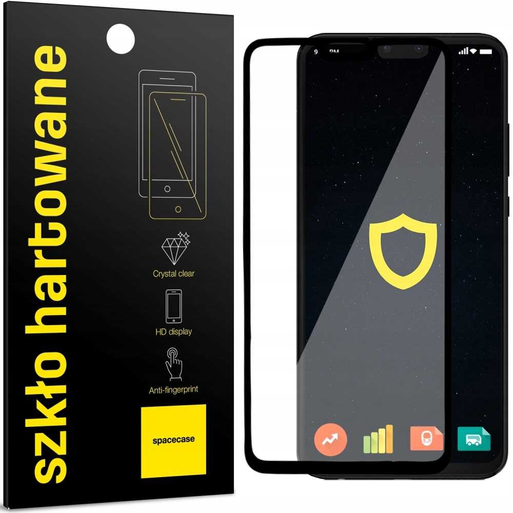 Opakowanie szkła hartowanego z napisem \'szkło hartowane\' oraz grafiką telefonu. Obok znajduje się telefon z nałożonym szkłem, na ekranie widoczna jest ikona tarczy.