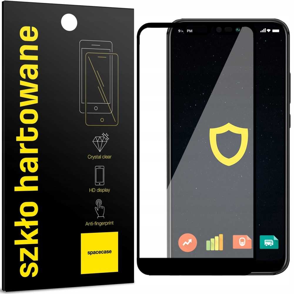 Opakowanie szkła hartowanego z napisem \'szkło hartowane\' oraz grafiką telefonu. Obok znajduje się szkło ochronne na ekranie telefonu z żółtą ikoną tarczy.