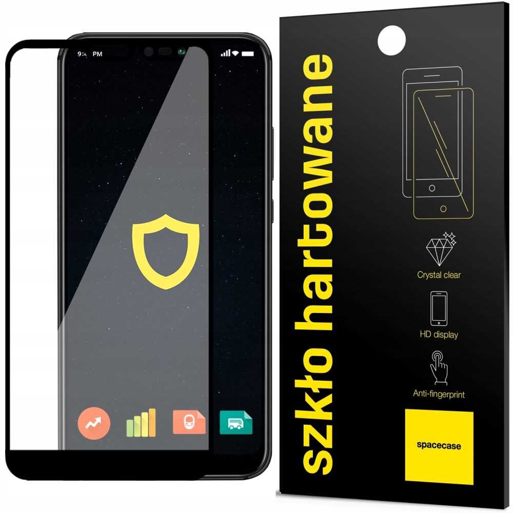 Obraz przedstawia szkło hartowane na ekran smartfona oraz opakowanie z napisem \'szkło hartowane\'. Na opakowaniu znajdują się ikony z opisami: \'Crystal clear\', \'HD display\', \'Anti-fingerprint\' oraz logo \'spacecase\'.