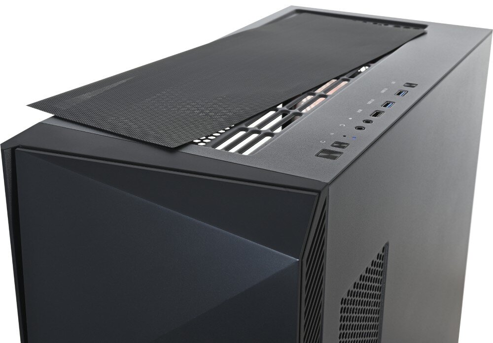Komputer NTT Game Pro ZKG-I5145060-N01H Górny panel obudowy komputerowej z przyciskami, portami USB i seryjnymi złączami oraz zdemontowanym częściowo filtrem siatkowym
