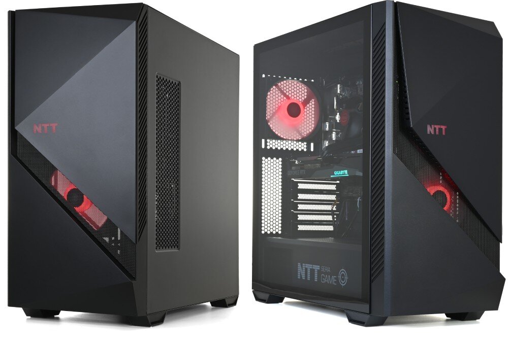Komputer NTT Game Pro ZKG-I5145060-N01H Dwie obudowy komputerowe pokazane obok siebie na białym tle, jedna prezentuje zamknięty bok, a druga przeszklone wnętrze