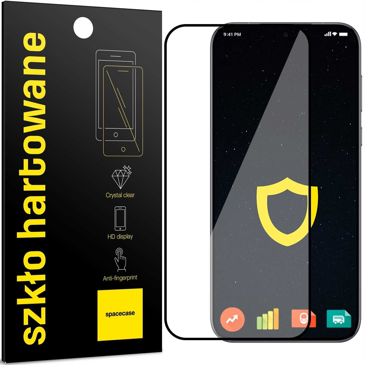 Opakowanie szkła hartowanego z napisem \'szkło hartowane\' oraz grafiką telefonu. Obok znajduje się telefon z nałożonym szkłem, na ekranie widoczna jest ikona tarczy.