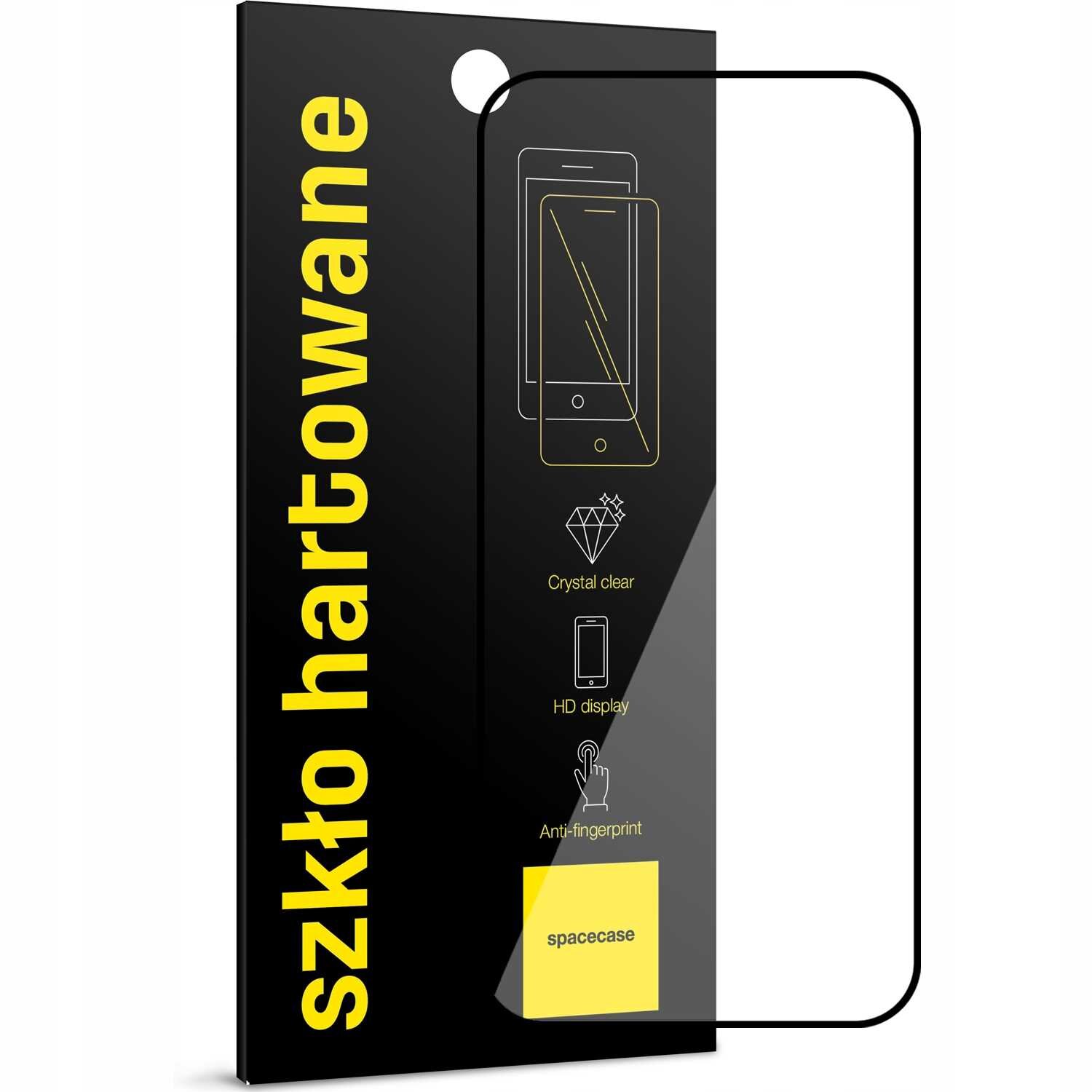 Opakowanie szkła hartowanego z napisem \'szkło hartowane\' w kolorze żółtym na czarnym tle. Widoczne są ikony z opisami: \'Crystal clear\', \'HD display\', \'Anti-fingerprint\' oraz logo \'spacecase\'.
