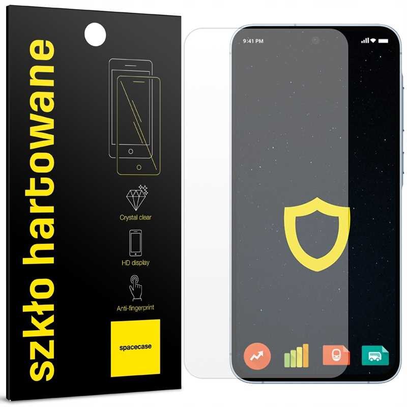 Opakowanie szkła hartowanego SPACECASE z napisem \'szkło hartowane\' oraz grafiką telefonu. Obok znajduje się telefon z nałożonym szkłem, na ekranie widoczna jest ikona tarczy.