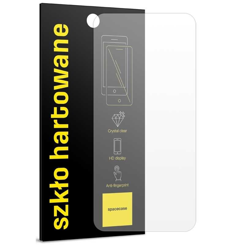 Opakowanie szkła hartowanego z napisem \'szkło hartowane\' oraz ikonami i tekstami: \'Crystal clear\', \'HD display\', \'Anti-fingerprint\'. Widoczne logo \'spacecase\'.