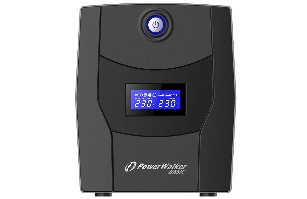 Czarny zasilacz UPS z niebieskim podświetlanym przyciskiem zasilania i wyświetlaczem LCD pokazującym wartości \'230\' oraz logo \'PowerWalker BASIC\'.