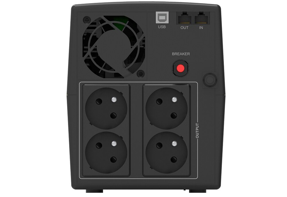 Tył zasilacza UPS z czterema gniazdami, wentylatorem, portem USB oraz przyciskiem oznaczonym jako \'BREAKER\'. Widoczne są również porty oznaczone jako \'OUT\' i \'IN\'.