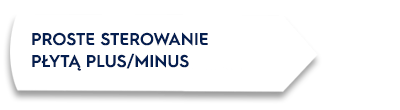 Biały prostokąt z czarną strzałką i tekstem: \'PROSTE STEROWANIE PŁYTĄ PLUS/MINUS\'.