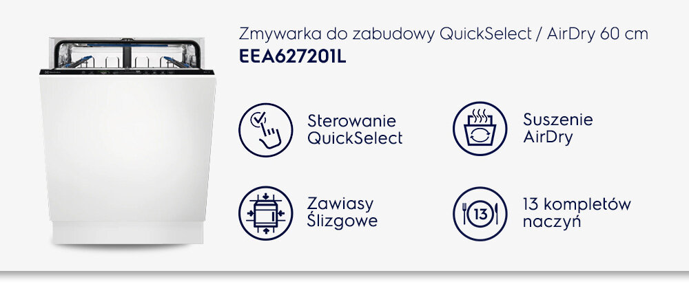 Obraz przedstawia zmywarkę do zabudowy z widocznym panelem sterowania. Obok znajdują się ikony z opisami: \'Sterowanie QuickSelect\', \'Suszenie AirDry\', \'Zawiasy Ślizgowe\', \'13 kompletów naczyń\'.