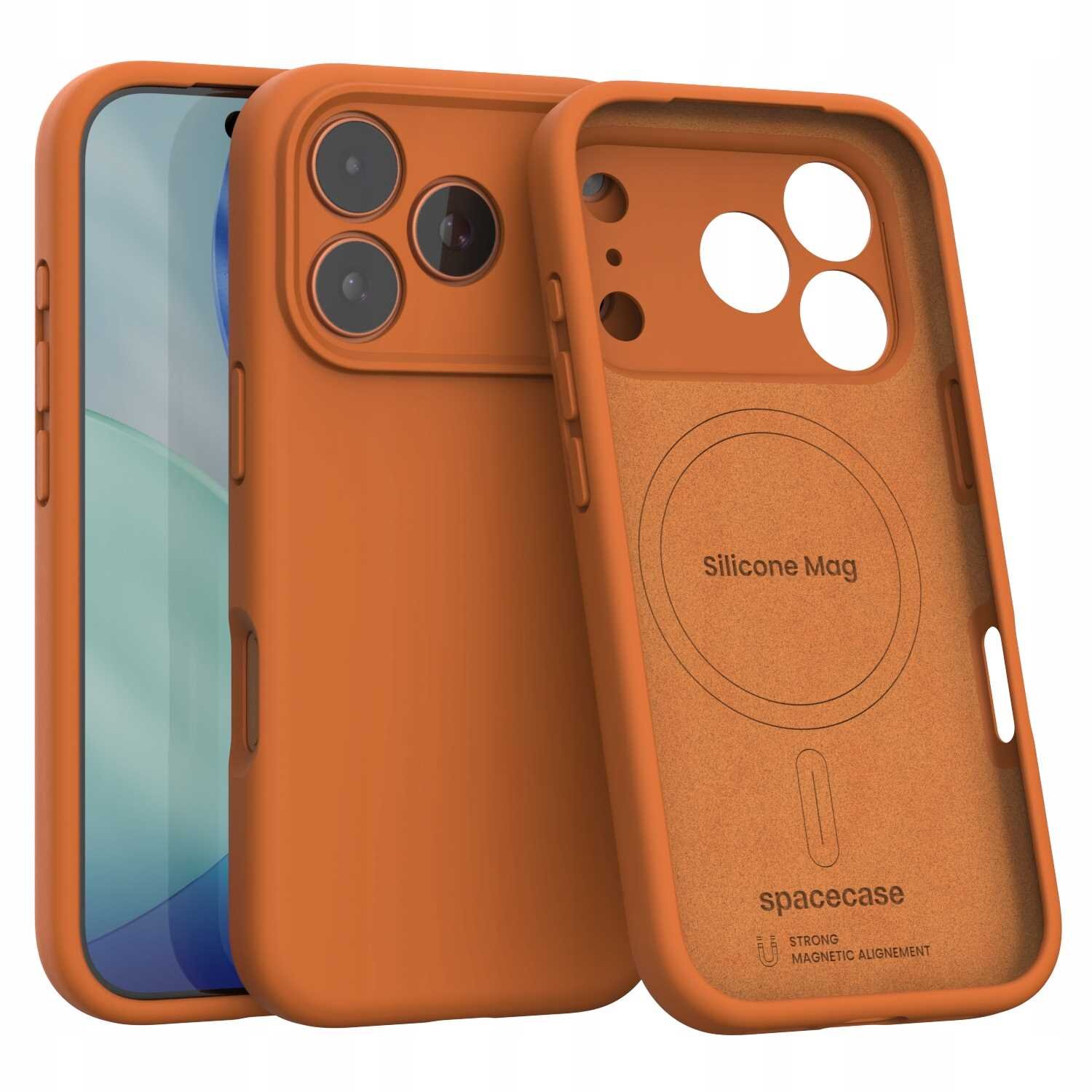Pomarańczowe silikonowe etui magnetyczne z trzema otworami na aparat i napisem \'Silicone Mag\' oraz \'spacecase\' wewnątrz. Etui jest przeznaczone do telefonu iPhone i posiada funkcję MagSafe.