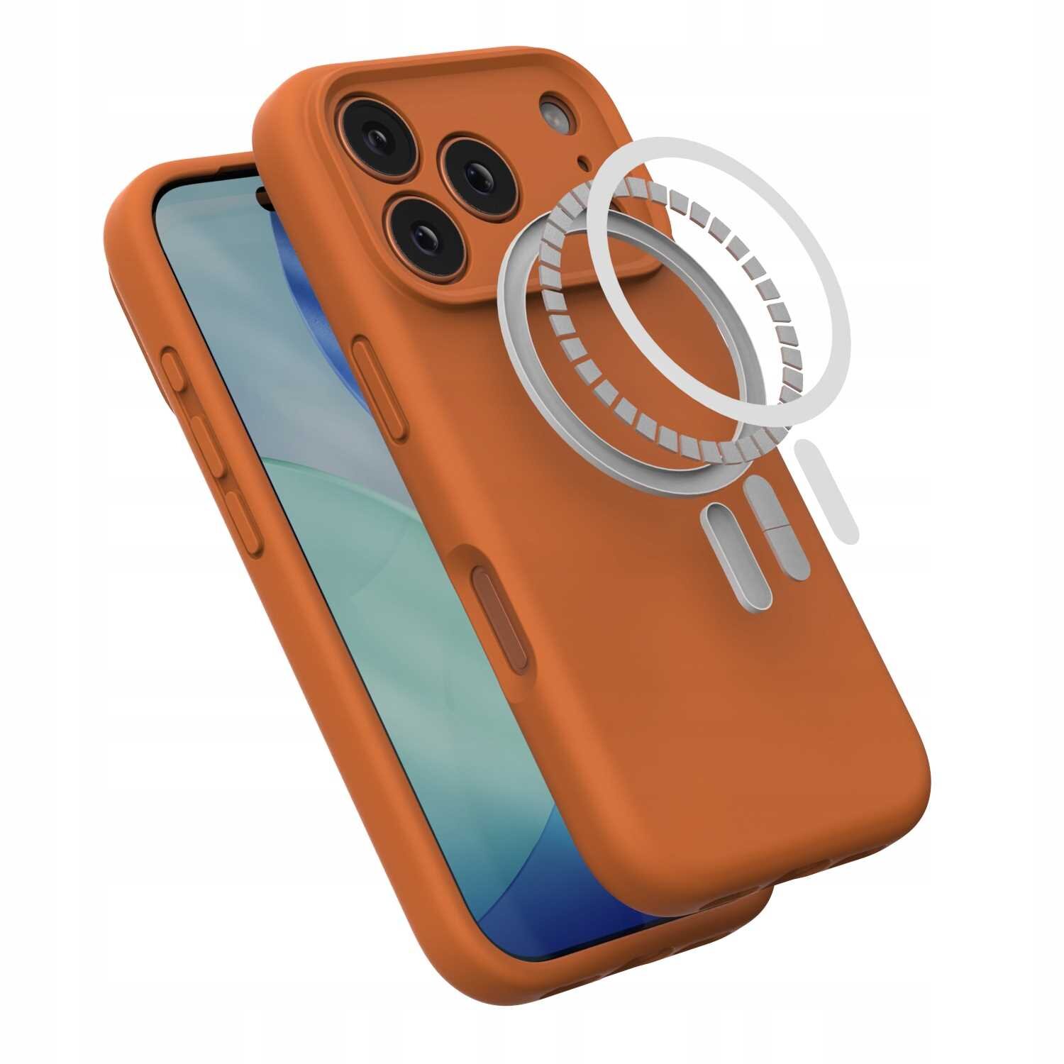 Pomarańczowe silikonowe etui na telefon z trzema widocznymi aparatami i okrągłym elementem magnetycznym. Etui jest przeznaczone do iPhone 17 Pro.