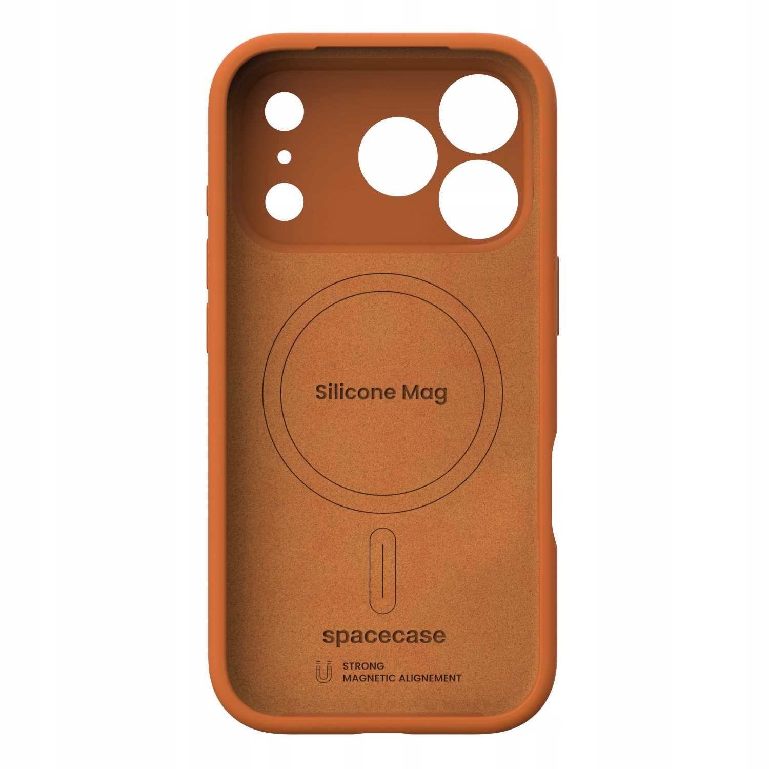 Pomarańczowe silikonowe etui z okrągłym wycięciem na aparat i napisem \'Silicone Mag\' oraz \'spacecase\'. Widoczny jest symbol magnesu i tekst \'STRONG MAGNETIC ALIGNEMENT\'.