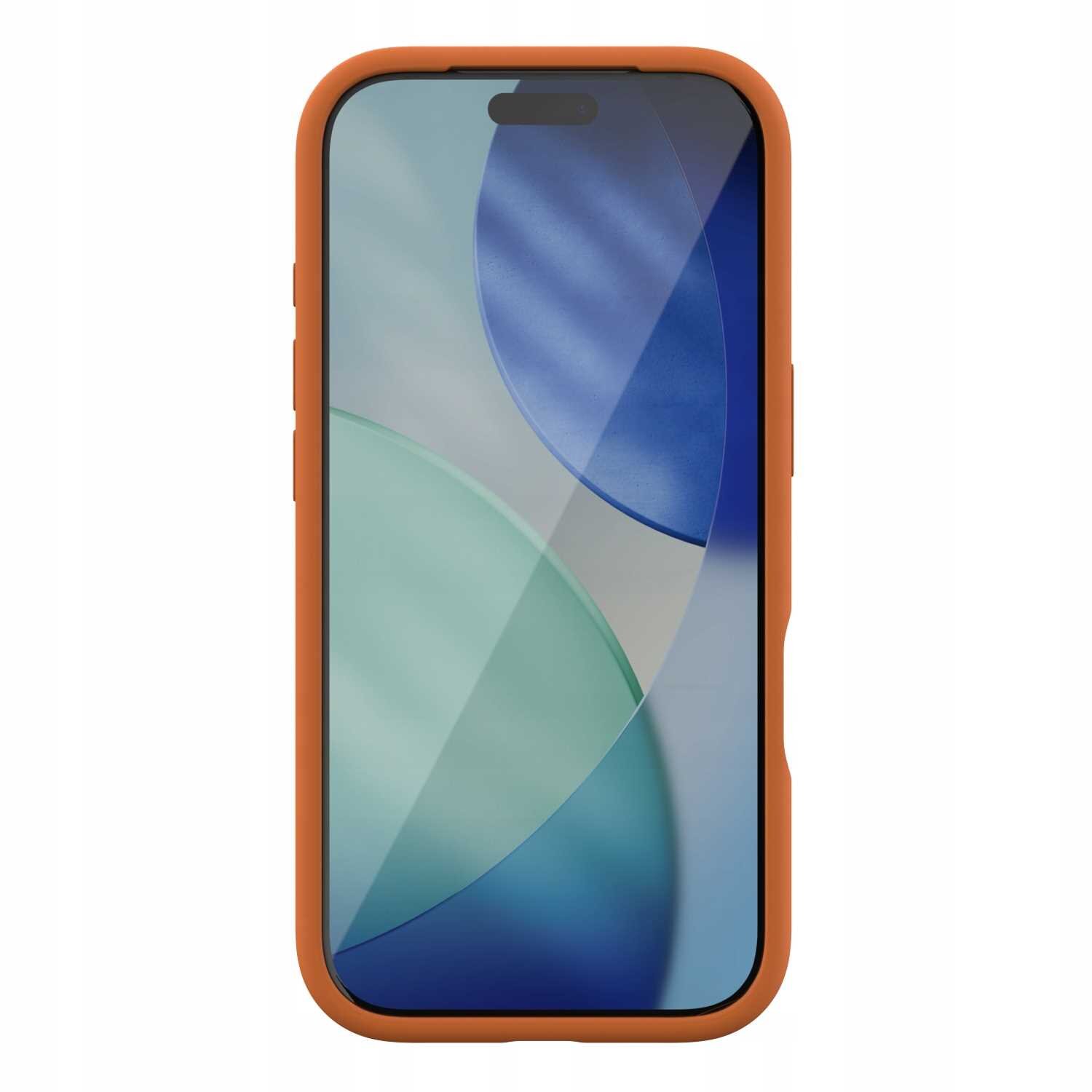Na obrazie widoczne jest pomarańczowe silikonowe etui na telefon z zaokrąglonymi krawędziami. Wewnątrz etui znajduje się ekran telefonu z abstrakcyjną grafiką w odcieniach niebieskiego i zielonego.
