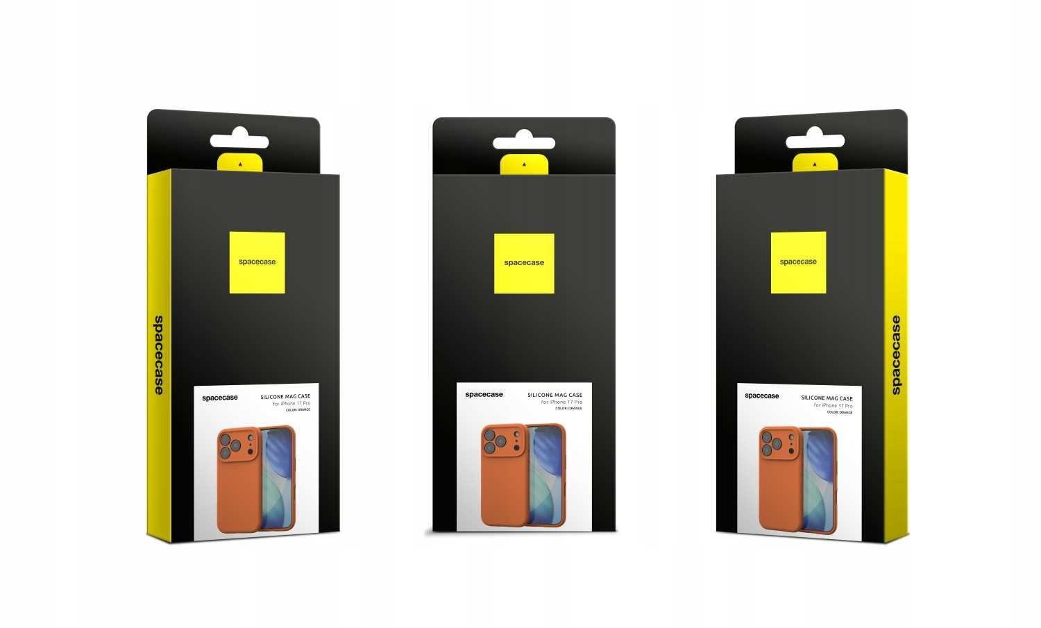 Trzy opakowania produktu SPACECASE Silicone Mag Case do iPhone 17 Pro w kolorze pomarańczowym, z widocznym zdjęciem etui na froncie. Opakowania są czarne z żółtymi elementami i logo \'spacecase\'.