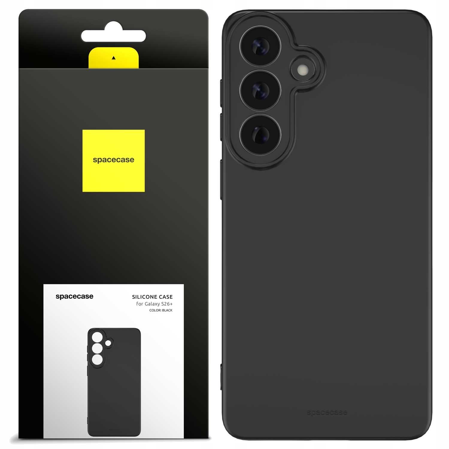 Czarne silikonowe etui na telefon z trzema otworami na aparaty. Opakowanie z logo \'spacecase\' i napisem \'SILICONE CASE for Galaxy S26+ COLOR: BLACK\'.