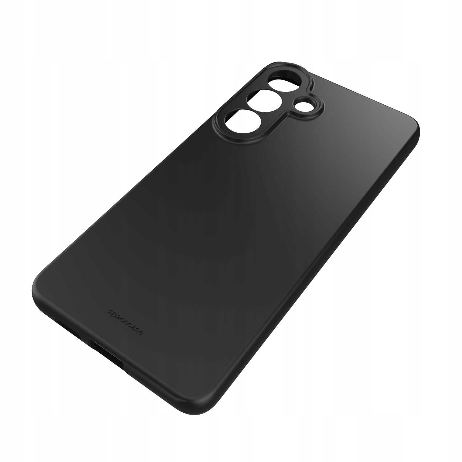 Czarne silikonowe etui z trzema otworami na aparat, przeznaczone do telefonu Galaxy S26+. Na dole widoczny jest napis \'spacecase\'.