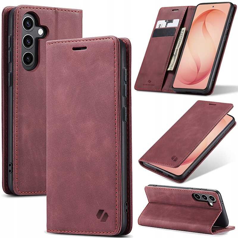 Czerwone etui z klapką do telefonu, z miejscem na karty i banknoty, widoczne w różnych ujęciach. Na etui znajduje się logo producenta.
