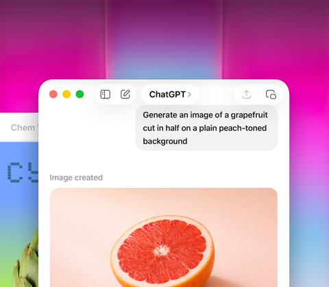 Interfejs aplikacji z widocznym oknem czatu, w którym znajduje się tekst: \'Generate an image of a grapefruit cut in half on a plain peach-toned background\'. Poniżej widoczny jest obrazek przedstawiający połówkę grejpfruta na brzoskwiniowym tle.