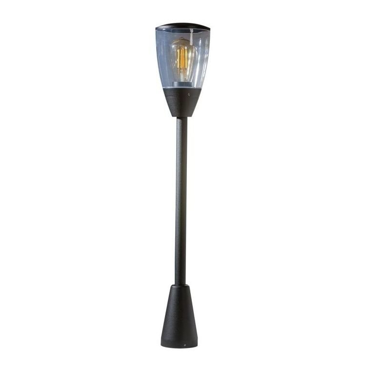 Na obrazie widoczna jest czarna lampa ogrodowa w formie słupka z przezroczystym kloszem, w którym znajduje się żarówka. Lampa ma nowoczesny design i jest przeznaczona do oświetlenia zewnętrznego.