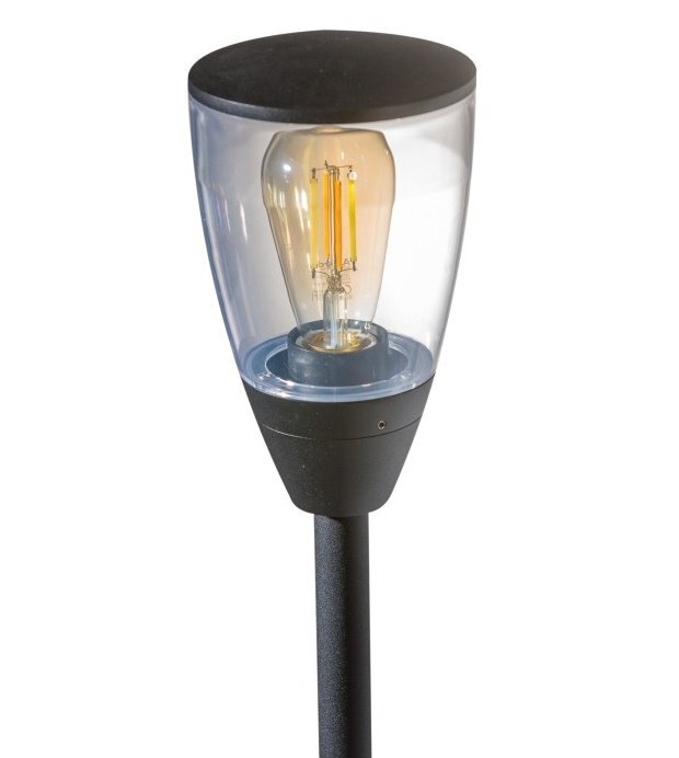 Lampa zewnętrzna w formie słupka z przezroczystym kloszem, wewnątrz którego znajduje się żarówka o widocznych żarnikach. Obudowa lampy jest w kolorze czarnym.