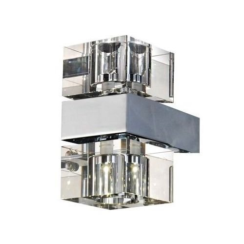 Lampa ścienna o nowoczesnym, minimalistycznym designie, wykonana z przezroczystego i metalicznego materiału, z dwoma źródłami światła umieszczonymi w szklanych kloszach.