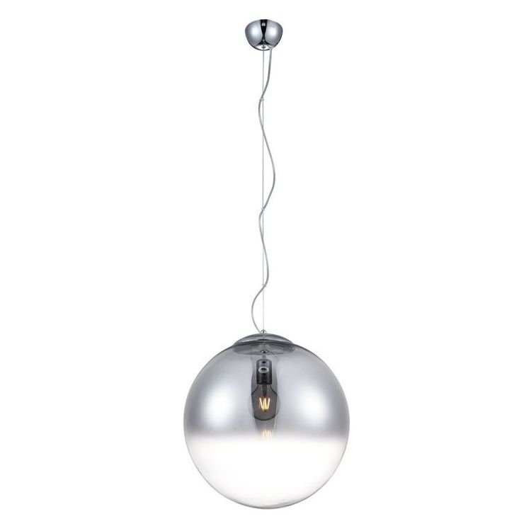 Na obrazie widoczna jest lampa wisząca o kulistym kształcie z przezroczystym kloszem, przez który widać żarówkę. Lampa jest zawieszona na cienkim przewodzie z metalowym mocowaniem sufitowym.