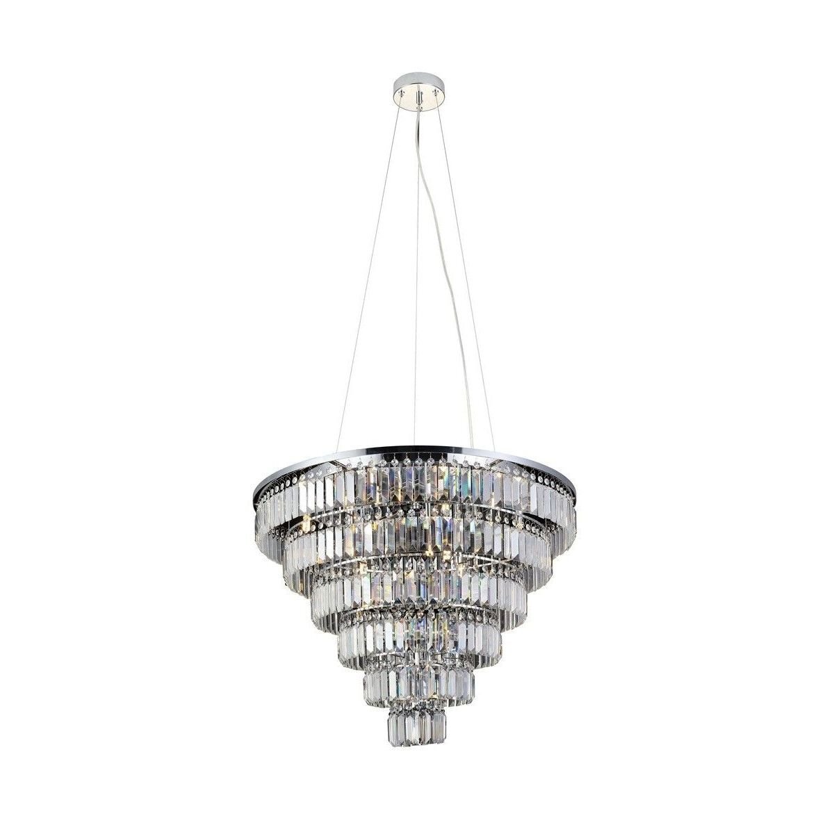 Lampa wisząca o kaskadowym kształcie złożona z wielu poziomów przezroczystych kryształów. Zawieszona na cienkich, metalowych linkach, tworzy elegancki efekt wizualny.