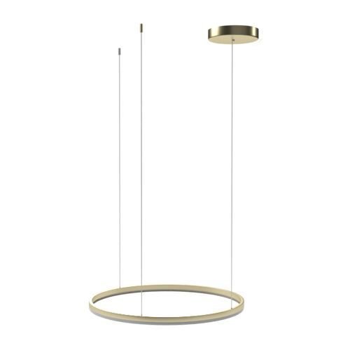 Nowoczesna lampa wisząca LED w kształcie okręgu, zawieszona na cienkich przewodach, z okrągłą podsufitką w kolorze złotym.