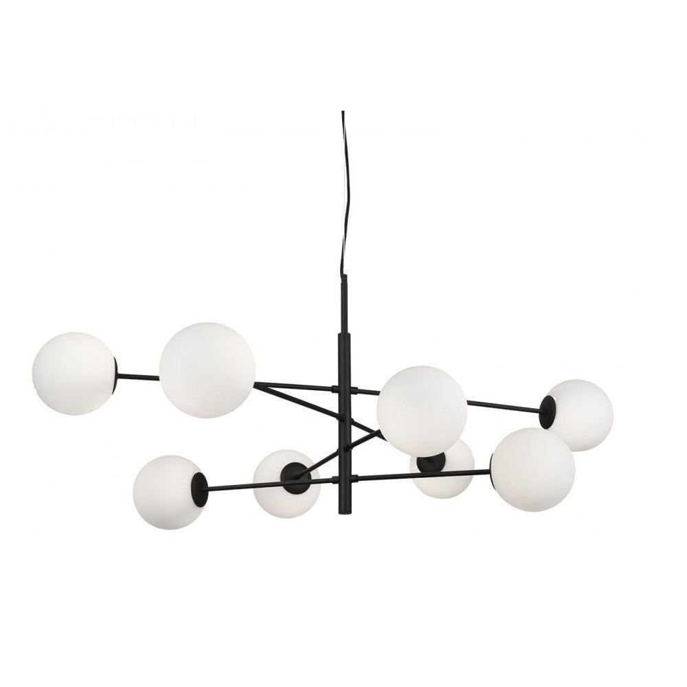 Lampa wisząca z ośmioma białymi, kulistymi kloszami na czarnym, metalowym stelażu. Klosze rozmieszczone są symetrycznie wokół centralnego punktu zawieszenia.