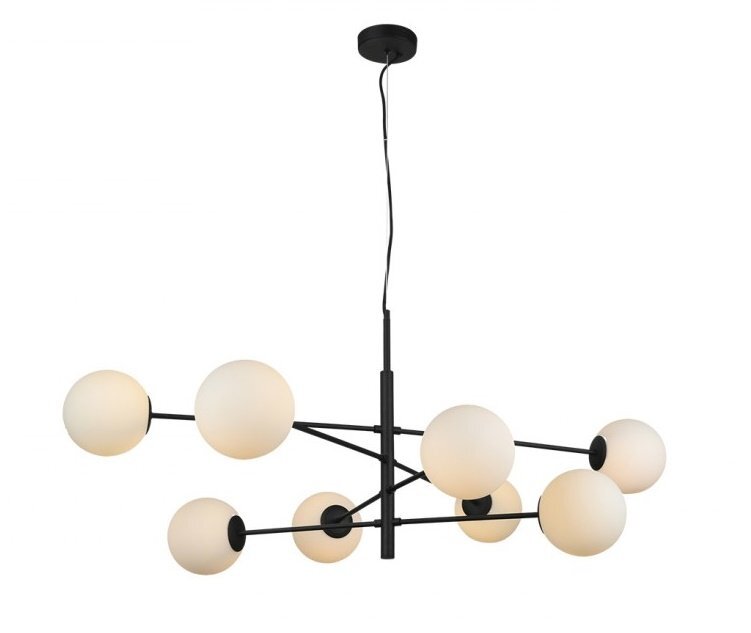 Lampa wisząca z ośmioma kulistymi kloszami w kolorze białym, zamocowana na czarnej metalowej konstrukcji. Lampa jest zawieszona na cienkim przewodzie z okrągłą podsufitką.