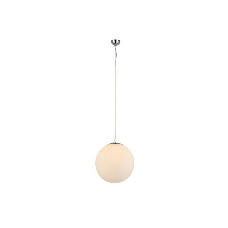Na obrazie widoczna jest wisząca lampa w kształcie białej kuli, zawieszona na cienkim przewodzie z metalowym mocowaniem sufitowym.