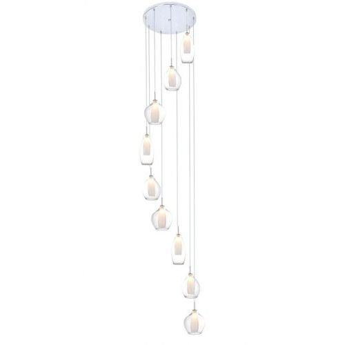 Lampa wisząca z dziewięcioma szklanymi kloszami w kształcie kropli, zawieszona na cienkich przewodach z okrągłej podstawy sufitowej. Klosze są przezroczyste z białym wnętrzem, emitującym ciepłe światło.