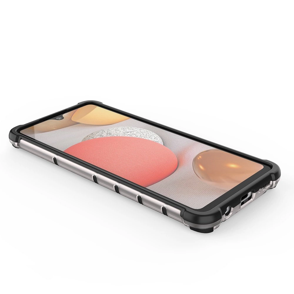 Telefon w etui pancernym z żelową ramką, wyświetlający kolorowe kształty na ekranie. Etui ma czarne narożniki i przezroczyste boki.