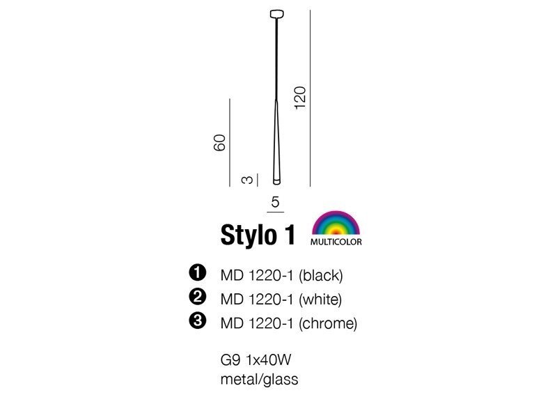 Schemat lampy wiszącej z wymiarami: wysokość 120 cm, szerokość 5 cm, głębokość 3 cm. Dostępne kolory: czarny, biały, chromowany; źródło światła G9 1x40W, materiał: metal/szkło.