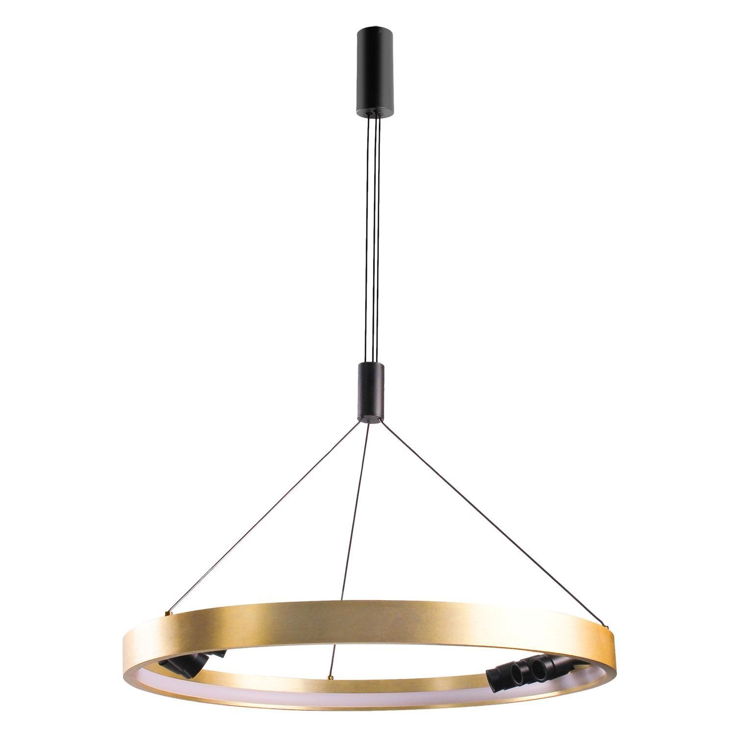 Nowoczesna lampa wisząca LED o złotym wykończeniu, zawieszona na cienkich czarnych przewodach. Posiada okrągły kształt i minimalistyczny design.