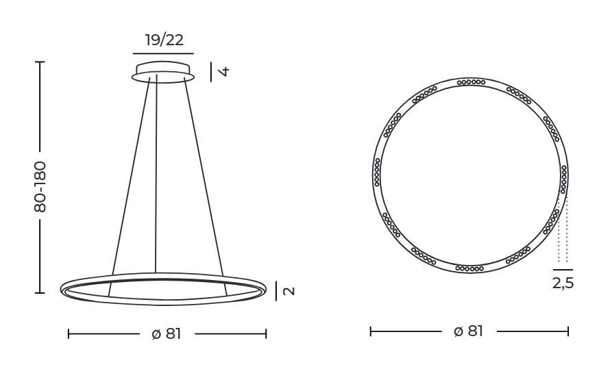 Schemat techniczny lampy wiszącej z wymiarami: wysokość regulowana od 80 do 180 cm, średnica 81 cm. Widoczne są szczegóły konstrukcji i oznaczenia wymiarów elementów lampy.